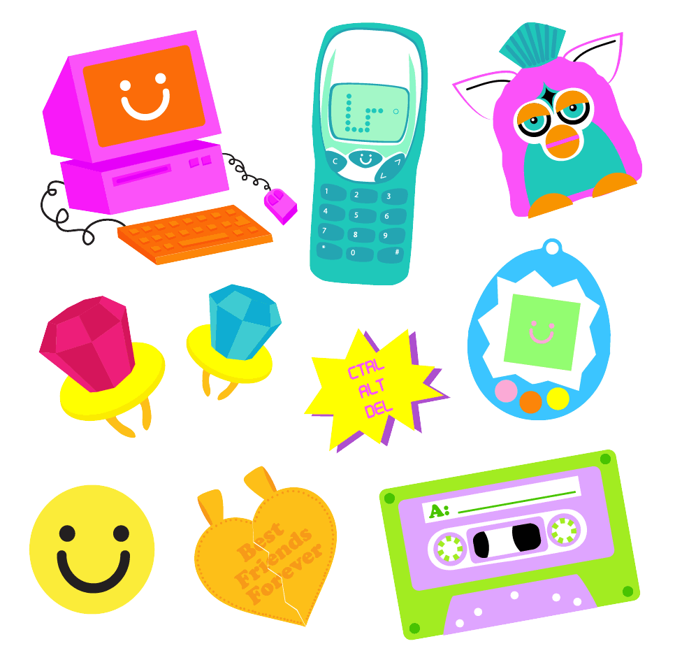 White rectangular sticker sheets featuring a collection of colourful, retro-inspired, illustrated motifs. 